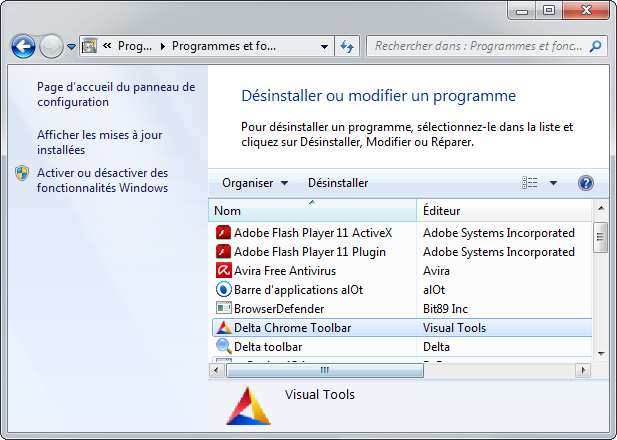 Delta Search - Panneau de suppression de programme