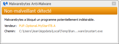 MyStart bloqué par Malwarebytes Anti-Malware Premium