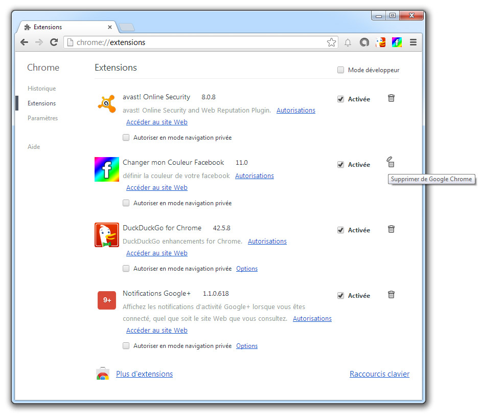 Supprimer une extension chrome