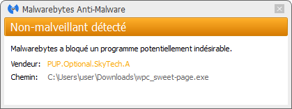 Sweet Page bloqué par Malwarebytes Anti-Malware Premium