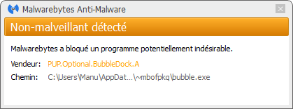 Bubble Dock bloqué par Malwarebytes Anti-Malware Premium