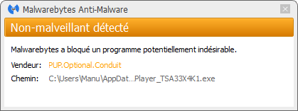 Conduit Search bloqué par Malwarebytes Anti-Malware Premium
