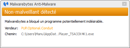 Conduit Search détecté par Malwarebytes Anti-Malware Premium