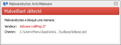 Lollipop détecté par Malwarebytes Anti-Malware Premium