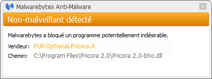 Pricora bloqué par Malwarebytes Anti-Malware Premium