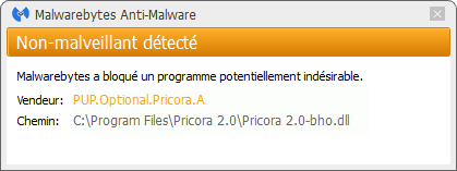 Pricora 12.0 détecté par Malwarebytes Anti-Malware Premium