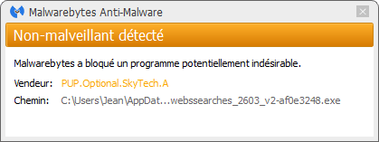 webssearches détecté par Malwarebytes Anti-Malware Premium