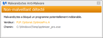 Optimizer Pro détecté par Malwarebytes Anti-Malware Premium