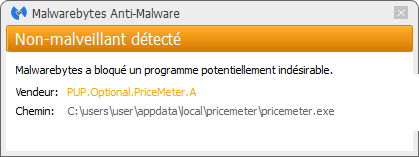 Pricemeter détecté par Malwarebytes Anti-Malware Premium