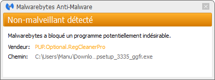 RegClean Pro détecté par Malwarebytes Anti-Malware Premium