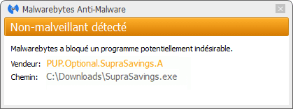 Supra Savings détecté par Malwarebytes Anti-Malware Premium