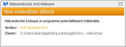 V9 détecté par Malwarebytes Anti-Malware Premium