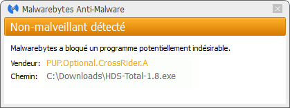 HDS-Total détecté par Malwarebytes Anti-Malware Premium