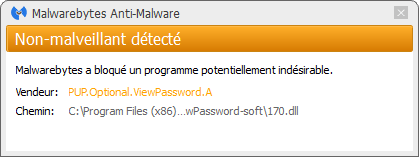 ViewPassword bloqué par Malwarebytes Anti-Malware Premium