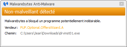 OffersWizard détecté par Malwarebytes Anti-Malware Premium