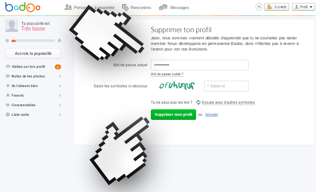 supprimer un compte badoo étape 6