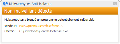 Search Defense détecté par Malwarebytes Anti-Malware Premium