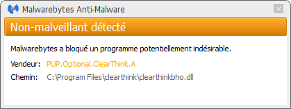 Clearthink détecté par Malwarebytes Anti-Malware Premium