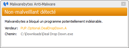 Drop Down Deals détecté par Malwarebytes Anti-Malware Premium