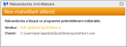 QuickShare détecté par Malwarebytes Anti-Malware Premium