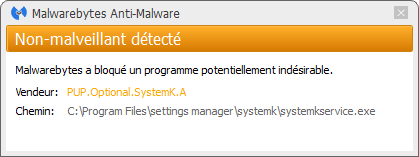 Settings Manager détecté par Malwarebytes Anti-Malware Premium