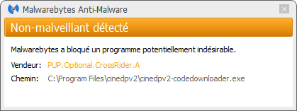 Ads by CineDPV2 bloqué par Malwarebytes Anti-Malware Premium
