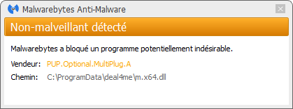 Deal4Me détecté par Malwarebytes Anti-Malware Premium