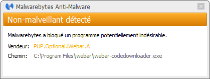Ads by iWebar1 bloqué par Malwarebytes Anti-Malware Premium