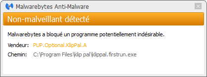 Klip Pal détecté par Malwarebytes Anti-Malware Premium