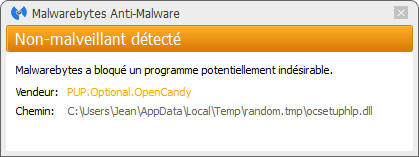 OpenCandy bloqué par Malwarebytes Anti-Malware Premium