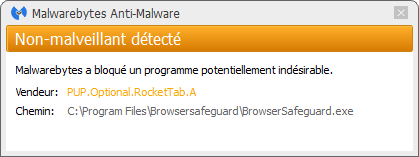Rocket Tab bloqué par Malwarebytes Anti-Malware Premium