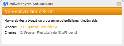 Site Finder bloqué par Malwarebytes Anti-Malware Premium