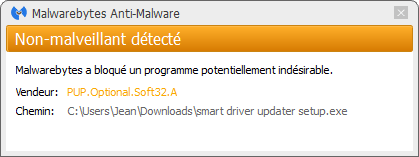 Smart Driver Updater bloqué par Malwarebytes Anti-Malware Premium