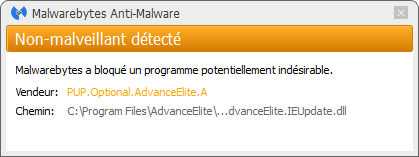 AdvanceElite bloqué par Malwarebytes Anti-Malware Premium