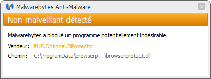 Ad by Browser Protect bloqué par Malwarebytes Anti-Malware Premium
