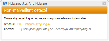 DizzyDing détecté par Malwarebytes Anti-Malware Premium