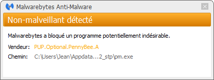 PennyBee bloqué par Malwarebytes Anti-Malware Premium
