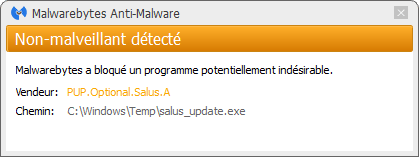 Salus détecté par Malwarebytes Anti-Malware Premium