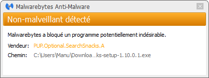 Search Snacks bloqué par Malwarebytes Anti-Malware Premium