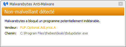 TheBestDeals détecté par Malwarebytes Anti-Malware Premium