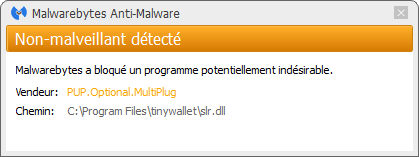 TinyWallet détecté par Malwarebytes Anti-Malware Premium