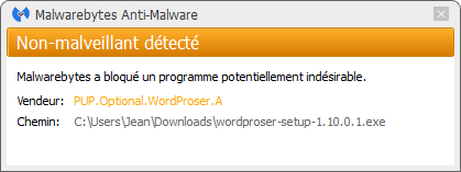 WordProser bloqué par Malwarebytes Anti-Malware Premium