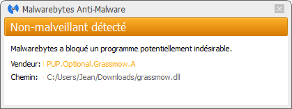 Grassmow détecté par Malwarebytes Anti-Malware Premium