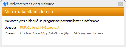 MySearchs bloqué par Malwarebytes Anti-Malware Premium