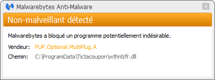 Tictacoupon bloqué par Malwarebytes Anti-Malware Premium