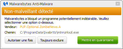 Zombie News bloqué par Malwarebytes Anti-Malware Premium