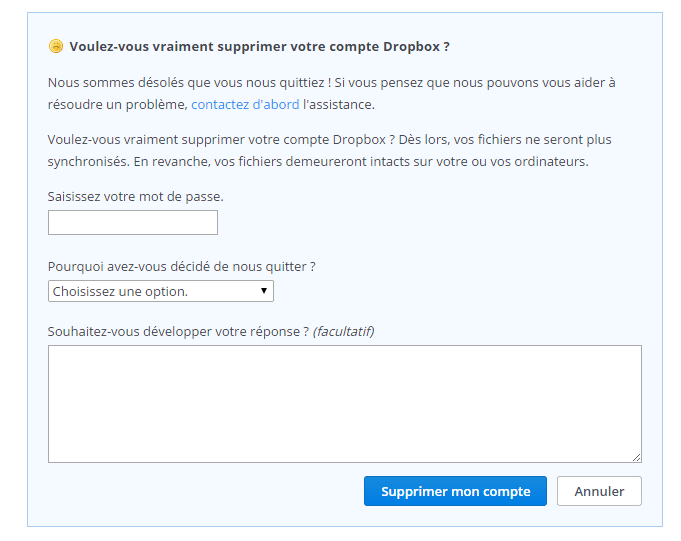 supprimer compte dropbox