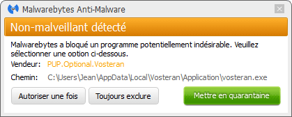 Vosteran détecté par Malwarebytes Anti-Malware Premium