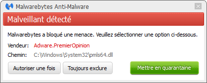 PremierOpinion détecté par Malwarebytes Anti-Malware Premium