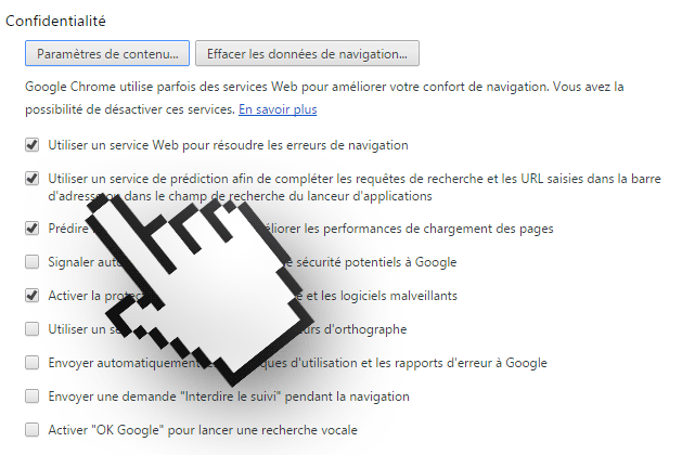 paramètres confidentialité chrome